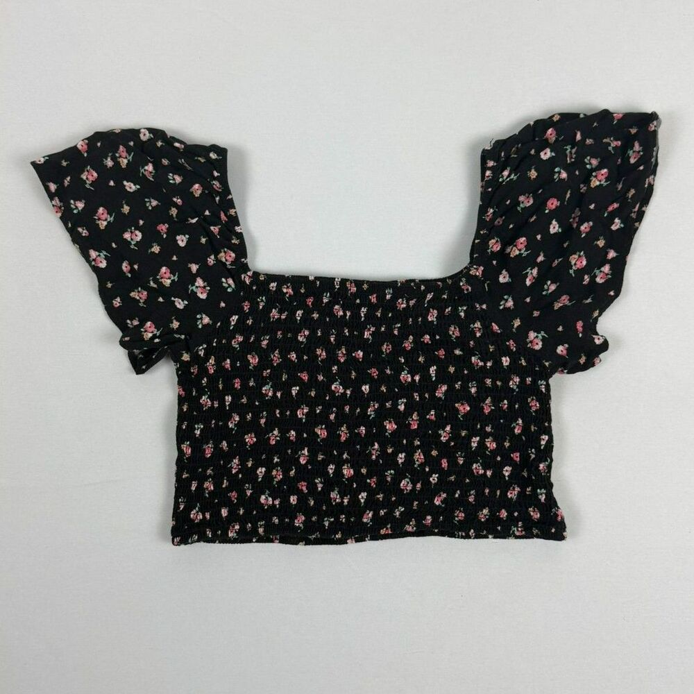 Rewind Women's Black Crop Floral Top Square Neck - S